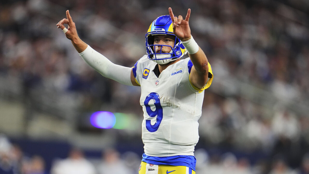 ARLINGTON, TX - OCTOBER 29: Matthew Stafford #9 of the Los Angeles Rams celebrates after scoring a touchdown against the Dallas Cowboys at AT&T Stadium on October 29, 2023 during the second half in Arlington, Texas.