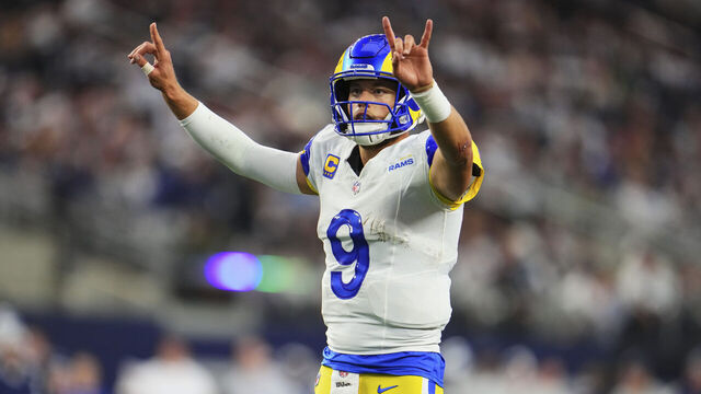 ARLINGTON, TX - OCTOBER 29: Matthew Stafford #9 of the Los Angeles Rams celebrates after scoring a touchdown against the Dallas Cowboys at AT&T Stadium on October 29, 2023 during the second half in Arlington, Texas.