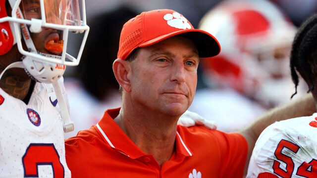 RALEIGH, NORTH CAROLINA - OCTOBER 28: Head coach Dabo Swinney of the Clemson Tigers looks on following their game against the NC State Wolfpack at Carter-Finley Stadium on October 28, 2023 in Raleigh, North Carolina. NC State won 24-17.