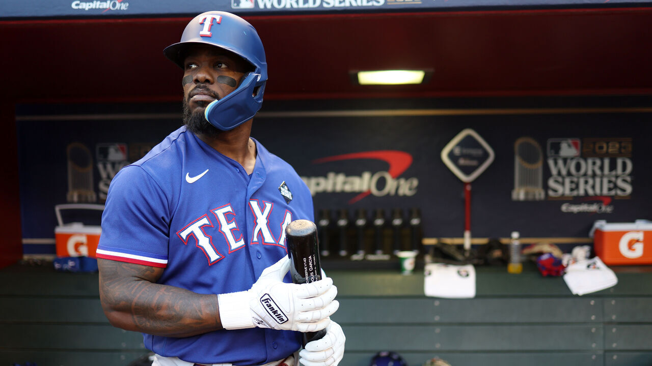 PHOENIX, AZ - OCTOBER 30: Adolis García #53 of the Texas Rangers looks on prior to Game 3 of the 2023 World Series between the Texas Rangers and the Arizona Diamondbacks at Chase Field on Monday, October 30, 2023 in Phoenix, Arizona.