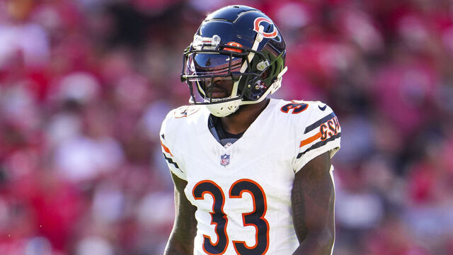 KANSAS CITY, MO - SEPTEMBER 24: Jaylon Johnson #33 of the Chicago Bears walks across the field during at GEHA Field at Arrowhead Stadium on September 24, 2023 in Kansas City, Missouri.