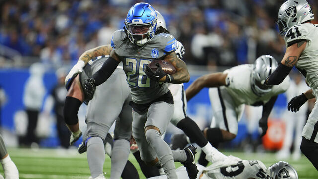 DETROIT, MI - OCTOBER 30: Jahmyr Gibbs #26 of the Detroit Lions carries the ball against the Las Vegas Raiders at Ford Field on October 30, 2023 during the first half in Detroit, Michigan.