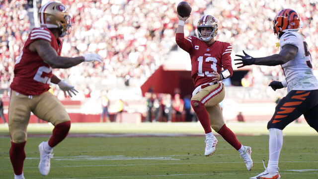SANTA CLARA, CALIFORNIA - OCTOBER 29: Brock Purdy #13 of the San Francisco 49ers throws a pass to Elijah Mitchell #25 of the San Francisco 49ers that is intercepted by Germaine Pratt #57 of the Cincinnati Bengals during the third quarter of the game at Levi's Stadium on October 29, 2023 in Santa Clara, California.