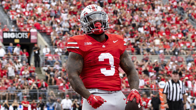 COLUMBUS, OHIO - SEPTEMBER 9: Miyan Williams #3 of the Ohio State Buckeyes celebrates during the game against the Youngstown State Penguins at Ohio Stadium on September 9, 2023 in Columbus, Ohio. The Buckeyes beat the Penguins 35-7.