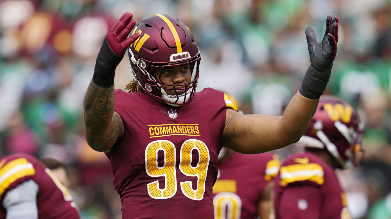 LANDOVER, MARYLAND - OCTOBER 29: Chase Young #99 of the Washington Commanders reacts in the first quarter of a game against the Philadelphia Eagles at FedExField on October 29, 2023 in Landover, Maryland.