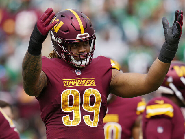 LANDOVER, MARYLAND - OCTOBER 29: Chase Young #99 of the Washington Commanders reacts in the first quarter of a game against the Philadelphia Eagles at FedExField on October 29, 2023 in Landover, Maryland.