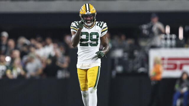 LAS VEGAS, NEVADA - OCTOBER 09: Rasul Douglas #29 of the Green Bay Packers reacts during an NFL football game between the Las Vegas Raiders and the Green Bay Packers at Allegiant Stadium on October 09, 2023 in Las Vegas, Nevada.