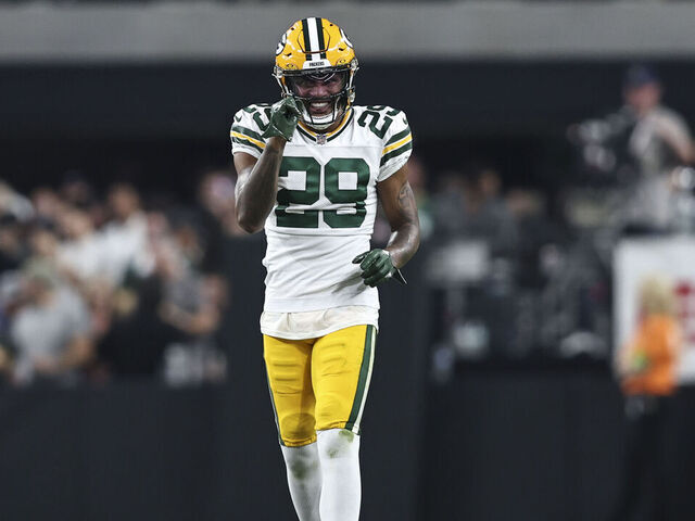 LAS VEGAS, NEVADA - OCTOBER 09: Rasul Douglas #29 of the Green Bay Packers reacts during an NFL football game between the Las Vegas Raiders and the Green Bay Packers at Allegiant Stadium on October 09, 2023 in Las Vegas, Nevada.