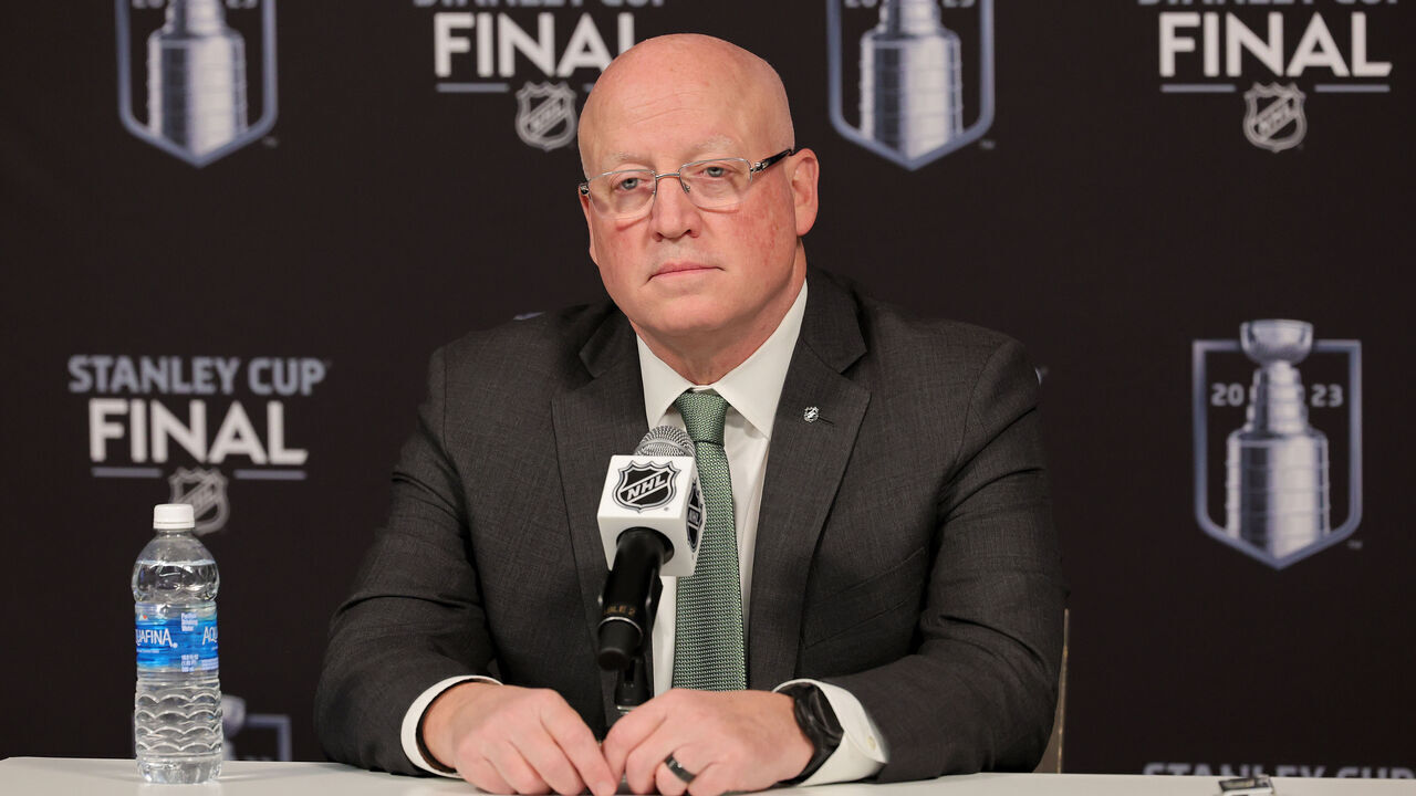 LAS VEGAS, NEVADA - JUNE 03: NHL Deputy Commissioner Bill Daly speaks to the media during a press conference prior to Game One of the 2023 NHL Stanley Cup Final between the Florida Panthers and the Vegas Golden Knights at T-Mobile Arena on June 03, 2023 in Las Vegas, Nevada.
