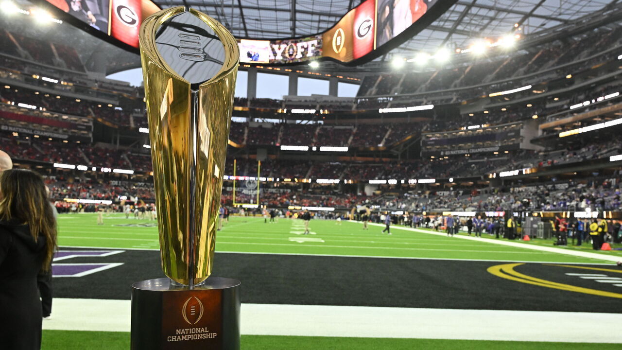 Inglewood, CA - January 09: The trophy for the CFP National Championship Football game on the sidelines at SOFI Stadium in Inglewood on Monday, January 9, 2023.