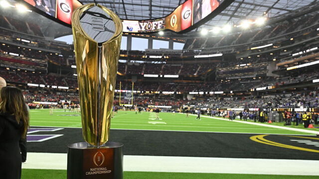 Inglewood, CA - January 09: The trophy for the CFP National Championship Football game on the sidelines at SOFI Stadium in Inglewood on Monday, January 9, 2023.