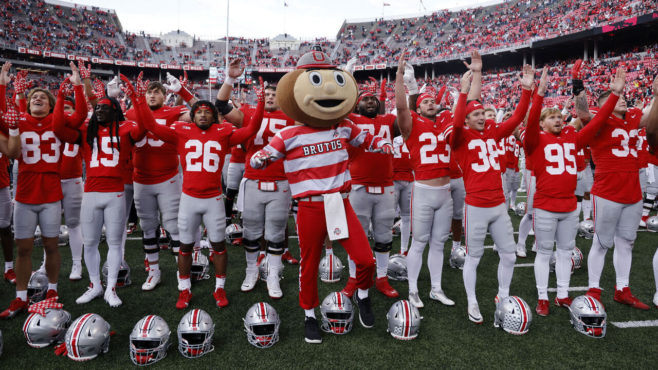COLUMBUS, OH - OCTOBER 07: Ohio State Buckeyes players celebrate after a college football game against the Maryland Terrapins on October 7, 2023 at Ohio Stadium in Columbus, Ohio.
