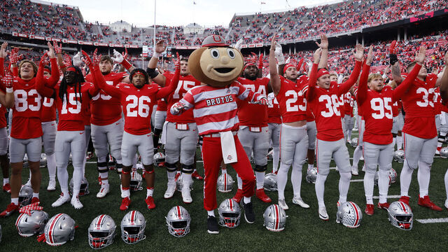 COLUMBUS, OH - OCTOBER 07: Ohio State Buckeyes players celebrate after a college football game against the Maryland Terrapins on October 7, 2023 at Ohio Stadium in Columbus, Ohio.