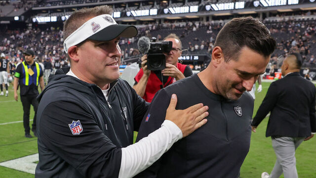 LAS VEGAS, NEVADA - OCTOBER 15: Head coach Josh McDaniels (L) and general manager Dave Ziegler of the Las Vegas Raiders walk off the field after the team's 21-17 victory over the New England Patriots at Allegiant Stadium on October 15, 2023 in Las Vegas, Nevada.