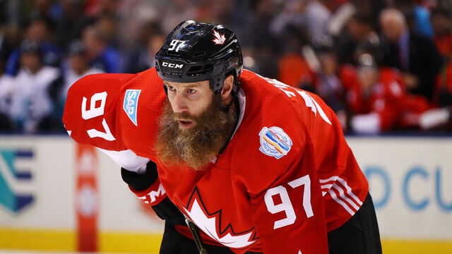 TORONTO, ON - SEPTEMBER 27: Joe Thornton #97 of Team Canada prepares to take the faceoff against Team Europe during the second period during Game One of the World Cup of Hockey final series at Air Canada Centre on September 27, 2016 in Toronto, Canada.