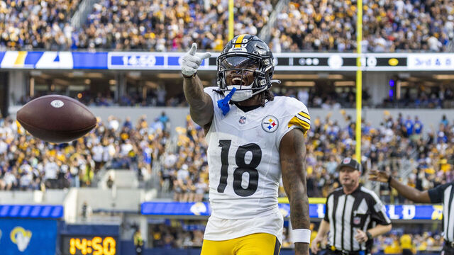 Inglewood, CA - October 22: Steelers wide receiver Diontae Johnson rallies with a large Steelers fans crowd in attendance after gaining yardage on a play against the Rams in the second half of the game at SoFi Stadium in Inglewood Sunday, Oct. 22, 2023. (Allen J. Schaben / Los Angeles Times via Getty Images) Rams quarterback Matthew Stafford, #9, Rams wide receiver Cooper Kupp, #10 Rams defensive tackle Aaron Donald, #99 Rams wide receiver Luka Nacua, #17 Rams tight end Tyler Higbee, #89 Rams wide receiver Tutu Atwell, #5 Rams running back Kyren Williams, #23 Rams defensive end Jonah Williams, #92 Rams nose tackle Kobie Turner, #91 Rams outside linebacker Michael Hoecht, #97 Rams outside linebacker Byron Young, #0 Rams inside linebacker Ernest Jones IV, #53 Rams inside linebacker Christian Rozeboom, #56 Rams cornerback Cobie Durant, #14 Rams cornerback Deion Kendrick, #1 Rams cornerback Ahkello Witherspoon, #44 Rams safety Jordan Fuller, #4 Rams safety Russ Yeast, #2 Rams running back Zach Evans (21) Rams running back Royce Freeman, #24 Rams running back Myles Gaskin, #33 Steelers quarterback Kenny Pickett, #8 Steelers quarterback Mitch Trubinsky, #10 Steelers wide receiver Calvin Austin III, #19 Steelers left tackle Dan Moore Jr. Steelers left guard Isaac Seumalo, #73 Steelers center Mason Cole, 61 Steelers right guard James Daniels, 78 Steelers right tackle Chukwuma Okorafor, #76 Steelers tight end Pat Freiermuth, #88 Steelers wide receiver Allen Robinson, III, #11 Steelers wide receiver George Pickens, #14 Steelers running back Najee Harris, #22 Steelers full back Connor Hayward, #83, Rams