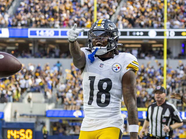 Inglewood, CA - October 22: Steelers wide receiver Diontae Johnson rallies with a large Steelers fans crowd in attendance after gaining yardage on a play against the Rams in the second half of the game at SoFi Stadium in Inglewood Sunday, Oct. 22, 2023. (Allen J. Schaben / Los Angeles Times via Getty Images) Rams quarterback Matthew Stafford, #9, Rams wide receiver Cooper Kupp, #10 Rams defensive tackle Aaron Donald, #99 Rams wide receiver Luka Nacua, #17 Rams tight end Tyler Higbee, #89 Rams wide receiver Tutu Atwell, #5 Rams running back Kyren Williams, #23 Rams defensive end Jonah Williams, #92 Rams nose tackle Kobie Turner, #91 Rams outside linebacker Michael Hoecht, #97 Rams outside linebacker Byron Young, #0 Rams inside linebacker Ernest Jones IV, #53 Rams inside linebacker Christian Rozeboom, #56 Rams cornerback Cobie Durant, #14 Rams cornerback Deion Kendrick, #1 Rams cornerback Ahkello Witherspoon, #44 Rams safety Jordan Fuller, #4 Rams safety Russ Yeast, #2 Rams running back Zach Evans (21) Rams running back Royce Freeman, #24 Rams running back Myles Gaskin, #33 Steelers quarterback Kenny Pickett, #8 Steelers quarterback Mitch Trubinsky, #10 Steelers wide receiver Calvin Austin III, #19 Steelers left tackle Dan Moore Jr. Steelers left guard Isaac Seumalo, #73 Steelers center Mason Cole, 61 Steelers right guard James Daniels, 78 Steelers right tackle Chukwuma Okorafor, #76 Steelers tight end Pat Freiermuth, #88 Steelers wide receiver Allen Robinson, III, #11 Steelers wide receiver George Pickens, #14 Steelers running back Najee Harris, #22 Steelers full back Connor Hayward, #83, Rams