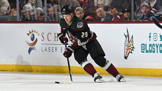 TEMPE, ARIZONA - OCTOBER 27: Barrett Hayton #29 of the Arizona Coyotes skates with the puck against the Los Angeles Kings at Mullett Arena on October 27, 2023 in Tempe, Arizona.