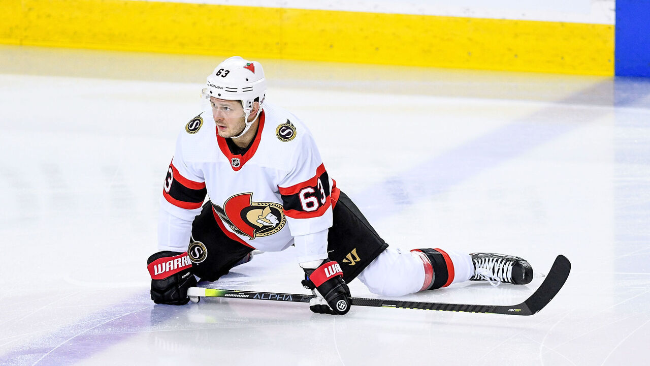CALGARY, AB - MAY 09: Ottawa Senators Right Wing Evgenii Dadonov (63) warms up before an NHL game where the Calgary Flames hosted the Ottawa Senators on May 9, 2021, at the Scotiabank Saddledome in Calgary, AB.