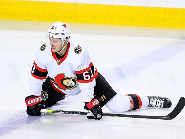 CALGARY, AB - MAY 09: Ottawa Senators Right Wing Evgenii Dadonov (63) warms up before an NHL game where the Calgary Flames hosted the Ottawa Senators on May 9, 2021, at the Scotiabank Saddledome in Calgary, AB.