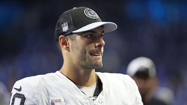 Las Vegas Raiders quarterback Jimmy Garoppolo (10)) walks off the field after the conclusion of an NFL football game between the Las Vegas Raiders and the Detroit Lions in Detroit, Michigan USA, on Monday, October 30, 2023