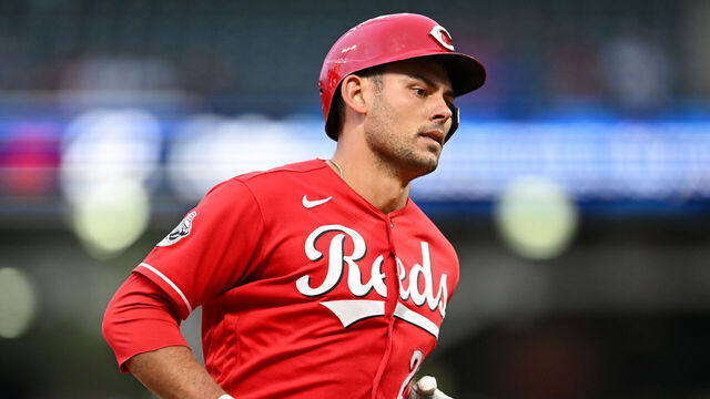 CLEVELAND, OHIO - SEPTEMBER 26, 2023: Luke Maile #22 of the Cincinnati Reds runs the bases after hitting a solo home run during the third inning against the Cleveland Guardians at Progressive Field on September 26, 2023 in Cleveland, Ohio.