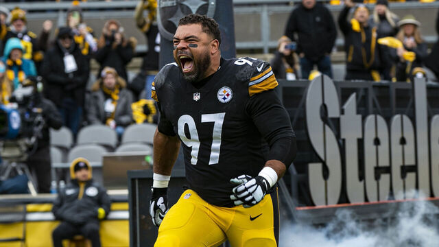 PITTSBURGH, PA - NOVEMBER 13: Pittsburgh Steelers defensive tackle Cameron Heyward (97) is announced during the national football league game between the New Orleans Saints and the Pittsburgh Steelers on November 13, 2022 at Acrisure Stadium in Pittsburgh, PA.