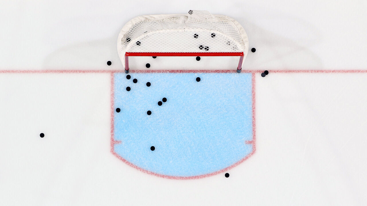 PHILADELPHIA, PENNSYLVANIA - OCTOBER 26: A view of the pucks in the net of the Philadelphia Flyers during warm-ups against the Minnesota Wild at the Wells Fargo Center on October 26, 2023 in Philadelphia, Pennsylvania.