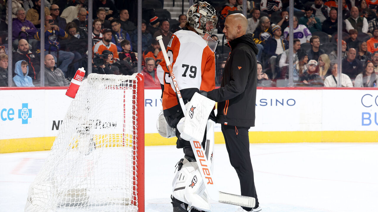 PHILADELPHIA, PENNSYLVANIA - NOVEMBER 01: Carter Hart #79 of the Philadelphia Flyers receives medical attention during the first period against the Buffalo Sabres at the Wells Fargo Center on November 01, 2023 in Philadelphia, Pennsylvania.