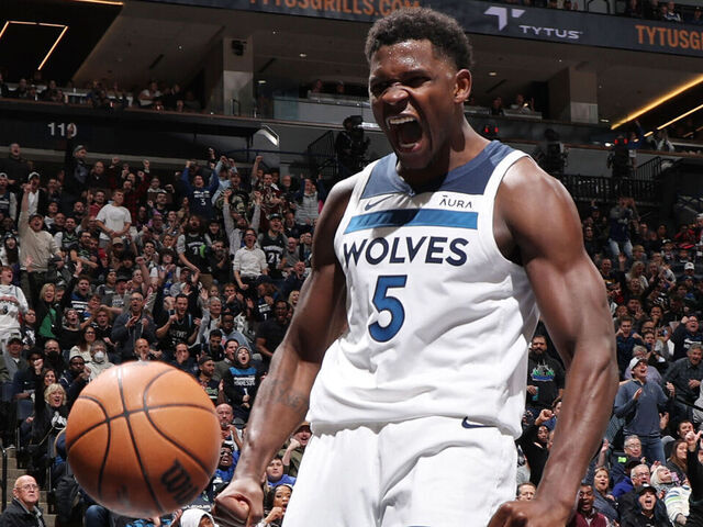 MINNEAPOLIS, MN - NOVEMBER 1: Anthony Edwards #5 of the Minnesota Timberwolves celebrates during the game against the Denver Nuggets on November 1, 2023 at Target Center in Minneapolis, Minnesota. Mandatory Copyright Notice: Copyright 2023 NBAE