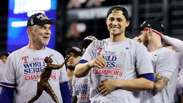 PHOENIX, ARIZONA - NOVEMBER 01: Corey Seager #5 of the Texas Rangers celebrates after the Texas Rangers beat the Arizona Diamondbacks 5-0 in Game Five to win the World Series at Chase Field on November 01, 2023 in Phoenix, Arizona.