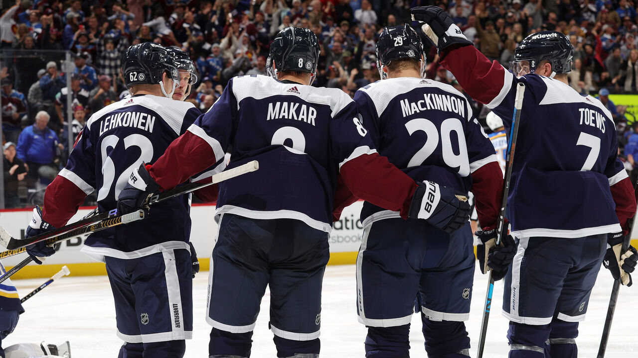 DENVER, COLORADO - NOVEMBER 01: Artturi Lehkonen #62, Mikko Rantanen #96, Cale Makar #8, Nathan MacKinnon #29 and Devon Toews #7 of the Colorado Avalanche celebrate a goal against the St. Louis Blues at Ball Arena on November 1, 2023 in Denver, Colorado.