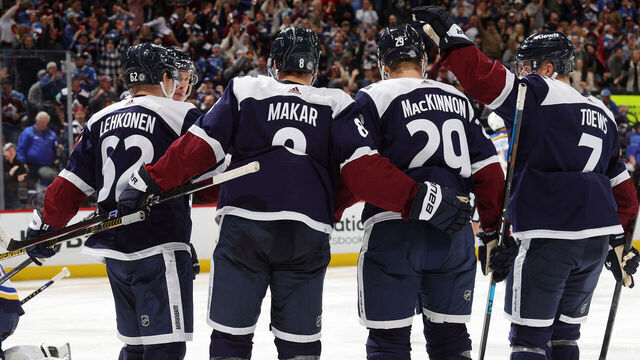 DENVER, COLORADO - NOVEMBER 01: Artturi Lehkonen #62, Mikko Rantanen #96, Cale Makar #8, Nathan MacKinnon #29 and Devon Toews #7 of the Colorado Avalanche celebrate a goal against the St. Louis Blues at Ball Arena on November 1, 2023 in Denver, Colorado.