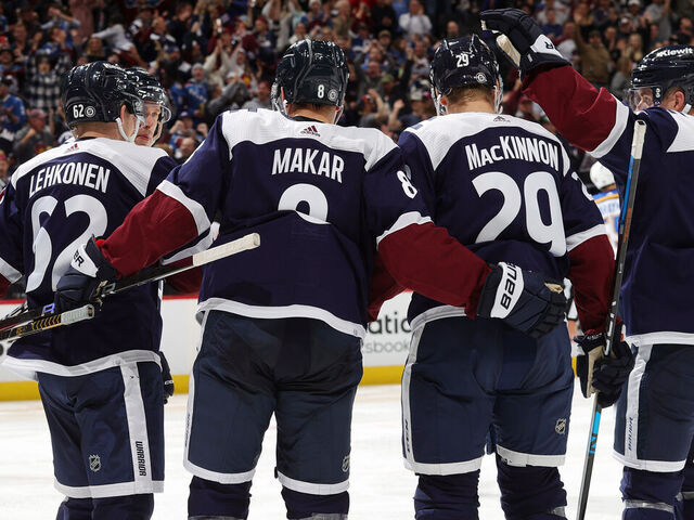 DENVER, COLORADO - NOVEMBER 01: Artturi Lehkonen #62, Mikko Rantanen #96, Cale Makar #8, Nathan MacKinnon #29 and Devon Toews #7 of the Colorado Avalanche celebrate a goal against the St. Louis Blues at Ball Arena on November 1, 2023 in Denver, Colorado.
