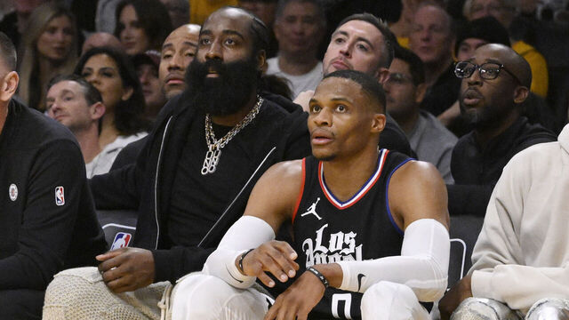 Los Angeles, CA - November 01: James Harden, left, along with teammate Russell Westbrook #0 of the LA Clippers looks on against the Los Angeles Lakers in the second half of a NBA basketball game at Crypto.com Arena in Los Angeles on Wednesday, November 1, 2023.