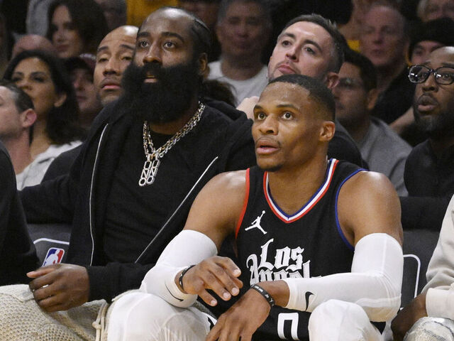 Los Angeles, CA - November 01: James Harden, left, along with teammate Russell Westbrook #0 of the LA Clippers looks on against the Los Angeles Lakers in the second half of a NBA basketball game at Crypto.com Arena in Los Angeles on Wednesday, November 1, 2023.