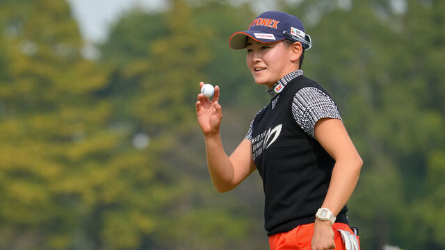 OMITAMA, JAPAN - NOVEMBER 02: Akie Iwai of Japan acknowledges the gallery on the 5th green during the first round of the TOTO Japan Classic at the Taiheiyo Club's Minori Course on November 2, 2023 in Omitama, Ibaraki, Japan.