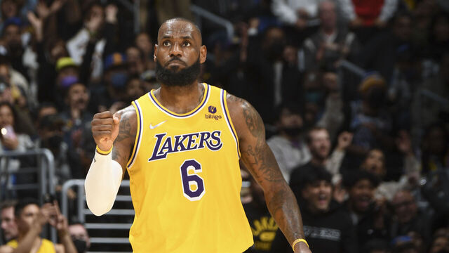 LOS ANGELES, CA - MARCH 5: LeBron James #6 of the Los Angeles Lakers reacts to a play during the game against the Golden State Warriors on March 5, 2022 at Crypto.Com Arena in Los Angeles, California. NOTE TO USER: User expressly acknowledges and agrees that, by downloading and/or using this Photograph, user is consenting to the terms and conditions of the Getty Images License Agreement. Mandatory Copyright Notice: Copyright 2022 NBAE