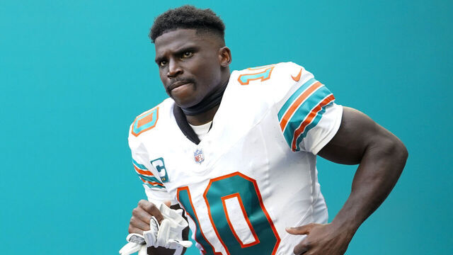 MIAMI GARDENS, FLORIDA - OCTOBER 29: Tyreek Hill #10 of the Miami Dolphins enters the field prior to a game against the New England Patriots at Hard Rock Stadium on October 29, 2023 in Miami Gardens, Florida.