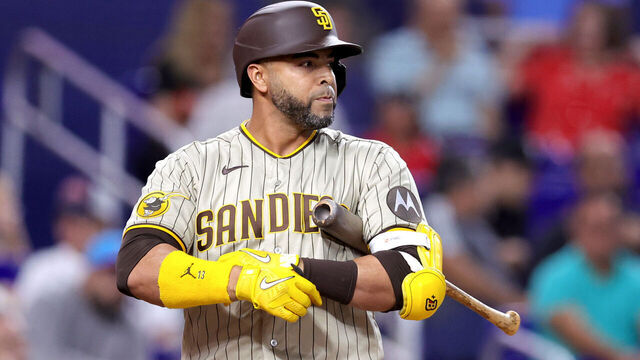 MIAMI, FLORIDA - MAY 31: Nelson Cruz #32 of the San Diego Padres at bat against the Miami Marlins during the third inning at loanDepot park on May 31, 2023 in Miami, Florida.