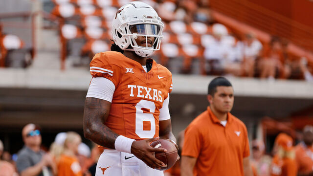 AUSTIN, TEXAS - OCTOBER 28: Maalik Murphy #6 of the Texas Longhorns warms up before the game against the Brigham Young Cougars at Darrell K Royal-Texas Memorial Stadium on October 28, 2023 in Austin, Texas.