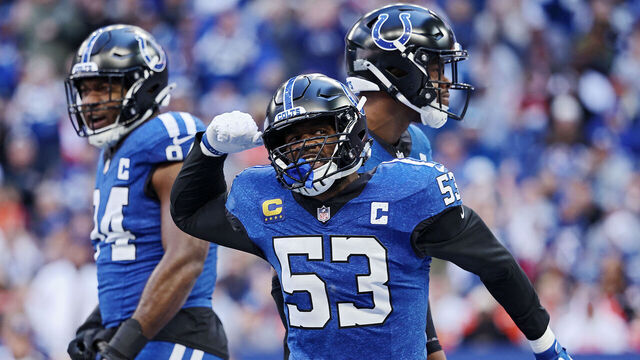INDIANAPOLIS, INDIANA - OCTOBER 22: Shaquille Leonard #53 of the Indianapolis Colts reacts after a touchdown during the first quarter against the Cleveland Browns at Lucas Oil Stadium on October 22, 2023 in Indianapolis, Indiana.