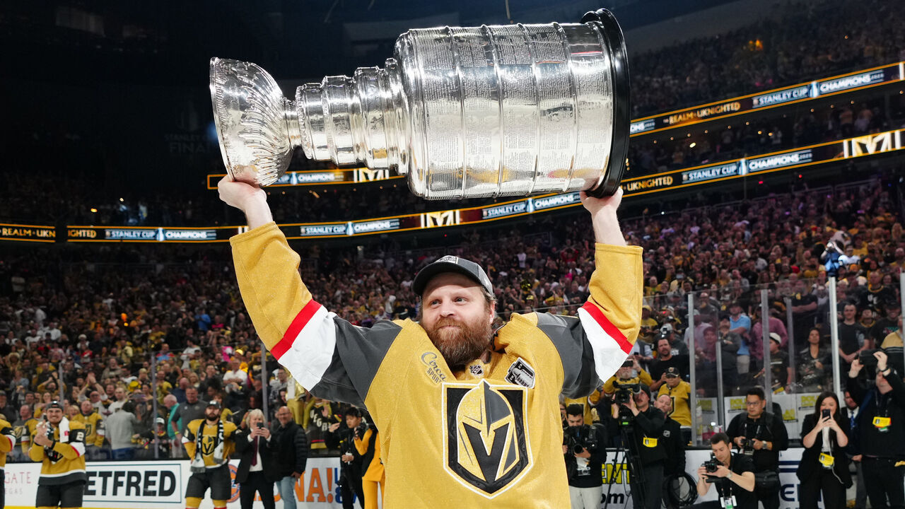 LAS VEGAS, NEVADA - JUNE 13: Phil Kessel #8 of the Vegas Golden Knights celebrates with the Stanley Cup after a 9-3 victory against the Florida Panthers in Game Five of the 2023 NHL Stanley Cup Final at T-Mobile Arena on June 13, 2023 in Las Vegas, Nevada.