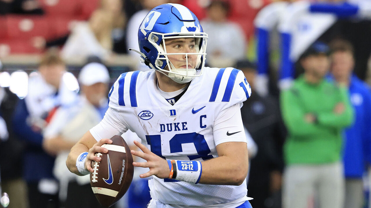 LOUISVILLE, KENTUCKY - OCTOBER 28: Riley Leonard #13 of the Duke Blue Devils looks to pass in the game against the Louisville Cardinals at Cardinal Stadium on October 28, 2023 in Louisville, Kentucky.