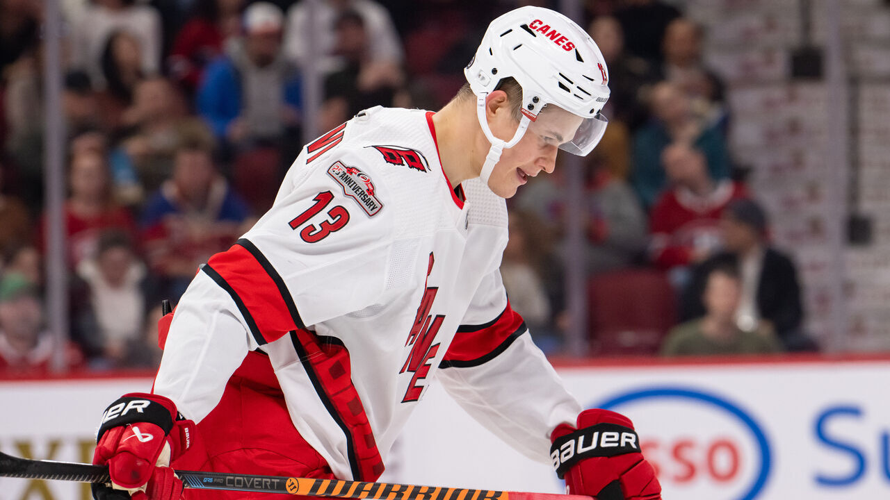 MONTREAL, QC - APRIL 01: Jesse Puljujarvi (13) of the Carolina Hurricanes looks on during the first period of the NHL game between the Carolina Hurricanes and the Montreal Canadiens on April 1, 2023, at the Bell Centre in Montreal, QC