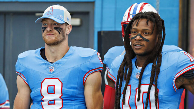 NASHVILLE, TENNESSEE - OCTOBER 29: Will Levis #8 and DeAndre Hopkins #10 of the Tennessee Titans wait to run onto the field before the game against the Atlanta Falcons at Nissan Stadium on October 29, 2023 in Nashville, Tennessee. The Titans defeated the Falcons 28-23.