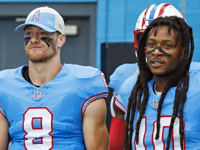 NASHVILLE, TENNESSEE - OCTOBER 29: Will Levis #8 and DeAndre Hopkins #10 of the Tennessee Titans wait to run onto the field before the game against the Atlanta Falcons at Nissan Stadium on October 29, 2023 in Nashville, Tennessee. The Titans defeated the Falcons 28-23.
