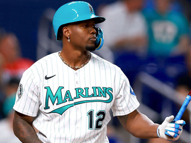 MIAMI, FLORIDA - AUGUST 25: Jorge Soler #12 of the Miami Marlins at bat against the Washington Nationals during the fourth inning at loanDepot park on August 25, 2023 in Miami, Florida.