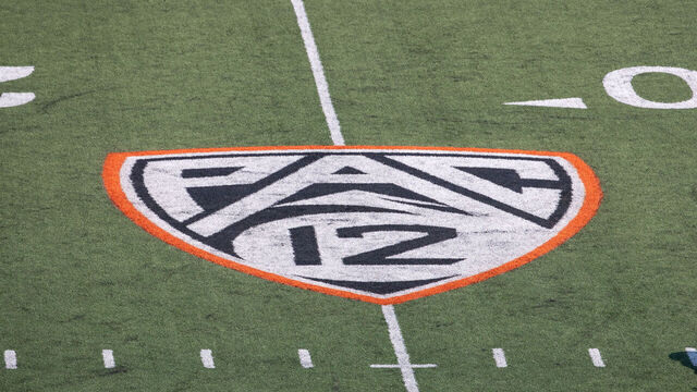 CORVALLIS, OREGON - SEPTEMBER 16: An overhead interior view of Reser Stadium and the Pac 12 logo during the first half of game between the Oregon State Beavers and the San Diego State Aztecs at Reser Stadium on September 16, 2023 in Corvallis, Oregon.