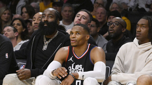 Los Angeles, CA - November 01: James Harden, left, along with teammate Russell Westbrook #0 of the LA Clippers looks on against the Los Angeles Lakers in the second half of a NBA basketball game at Crypto.com Arena in Los Angeles on Wednesday, November 1, 2023.